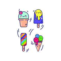 Set of cute hand drawn ice creams. Ice creams cartoon characters. Fun happy doodles for kids.