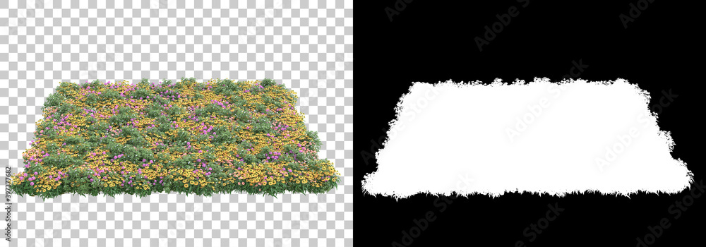 Poster green surface covered with wild grass and flowers isolated on background with mask. 3d rendering - i