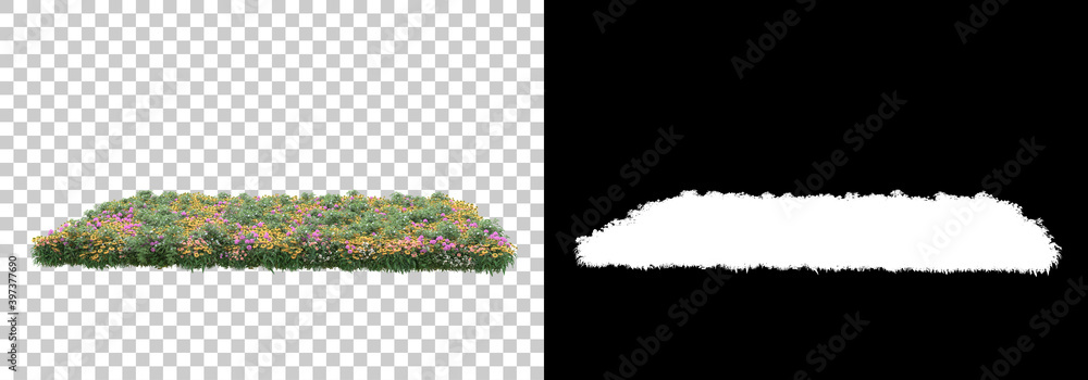 Poster green surface covered with wild grass and flowers isolated on background with mask. 3d rendering - i