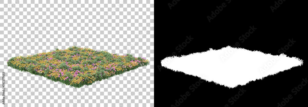Poster green surface covered with wild grass and flowers isolated on background with mask. 3d rendering - i