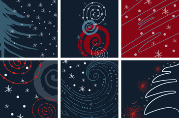 Set of winter abstract background. Template, pre-made modern Christmas design. Winter graphic illustration with tree, shape, snowflake, snowball in navy blue, red for winter poster, holiday branding