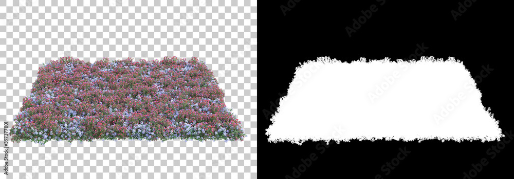 Poster green surface covered with wild grass and flowers isolated on background with mask. 3d rendering - i