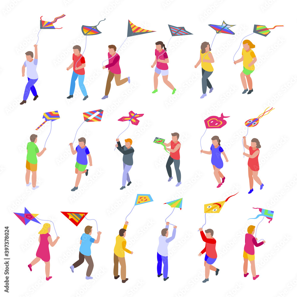 Poster kids playing with kite icons set. isometric set of kids playing with kite vector icons for web desig