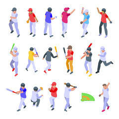 Fototapeta na wymiar Kids playing baseball icons set. Isometric set of kids playing baseball vector icons for web design isolated on white background