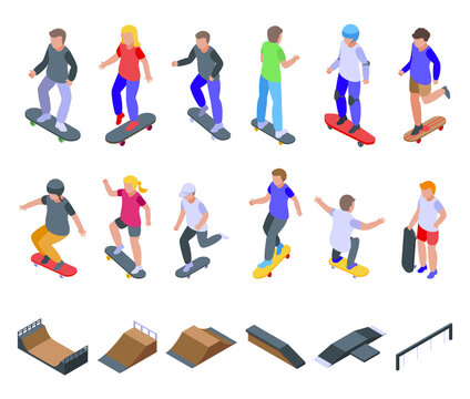 Children skateboarding icons set. Isometric set of children skateboarding vector icons for web design isolated on white background
