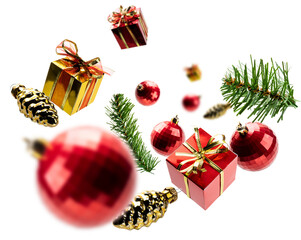 Christmas decorations and gifts levitate on a white background