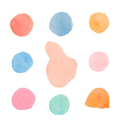Set of watercolor pastel spots, textures on white isolated background.Collection of abstract delicate blots with round hand drawn forms.Design for social networks,invitations,cards,weddings,posters.