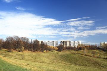 Fototapeta premium autumn park in city background landscape, abstract autumn view