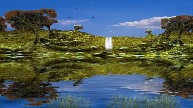 Lake color motion footage clip with a couple of tropical trees, small waterfall, water grass moving in water and
flying birds