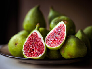Figs cut in half on a plate with bright flesh