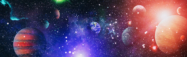 Earth from space. Earth globe with stars and nebula background. Earth, Galaxy and Sun from space....