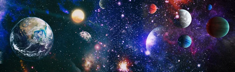 Fototapeten Erde aus dem Weltraum. Erdkugel mit Sternen und Nebelfleckhintergrund. Erde, Galaxie und Sonne aus dem Weltraum. Blue Sunrise.Elements dieses von der NASA bereitgestellten Bildes. © Maximusdn