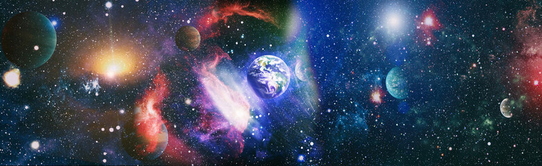 Earth from space. Earth globe with stars and nebula background. Earth, Galaxy and Sun from space....