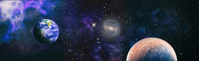 Earth from space. Earth globe with stars and nebula background. Earth, Galaxy and Sun from space....