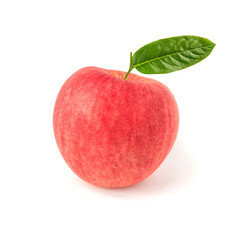 Fresh Red apple with green leaf isolated on white background.