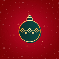 Christmas Ball icon in golden color. Christmas hanging ornament. Xmas snowflakes red background.