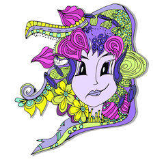 The face of an alien girl with a psychedelic hairstyle. The hair is braided with flowers, leaves and decorative elements. Bright fashionable makeup and image. Natural motives doodle.