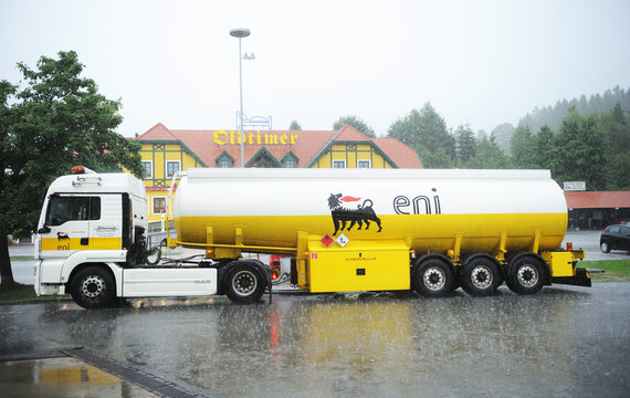 Vienna, Austria - 19.09.2019:ENI fuel and gas station. Eni S.p.A. is an Italian multinational oil and gas company headquartered in Rome. MAN truck with the ENI logo.
