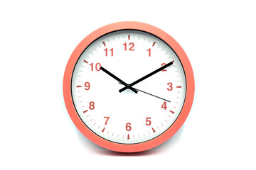 Closeup of modern analog clock on white background