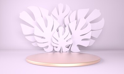 Mockup, podium, display with monstera leaves tropical plant background, 3drender