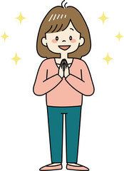 目をキラキラ輝かせる女性（全身）