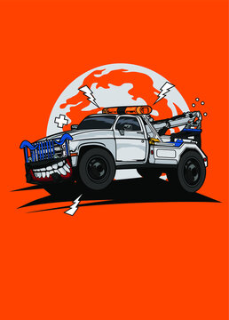 Illustration monster tow truck, high quality colored design with fun concept, made from original sketch and digitalize using corel draw, photoshop, adobe illustrator. Available in CDR. Ai. EPS.