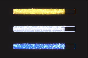 Shiny progress bar with sparkles. Luminous festive loading bar with gold, white, blue particles on black background.