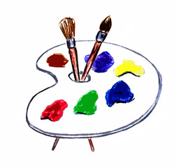 Palette with multi-color paints and brushes