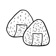 Vector hand drawn doodle onigiri. Japanese cuisine dish. Design sketch element for menu cafe, restaurant, label and packaging. Illustration on a white background.