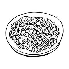 Vector hand drawn doodle soba noodles. Japanese cuisine dish. Design sketch element for menu cafe, restaurant, label and packaging. Illustration on a white background.