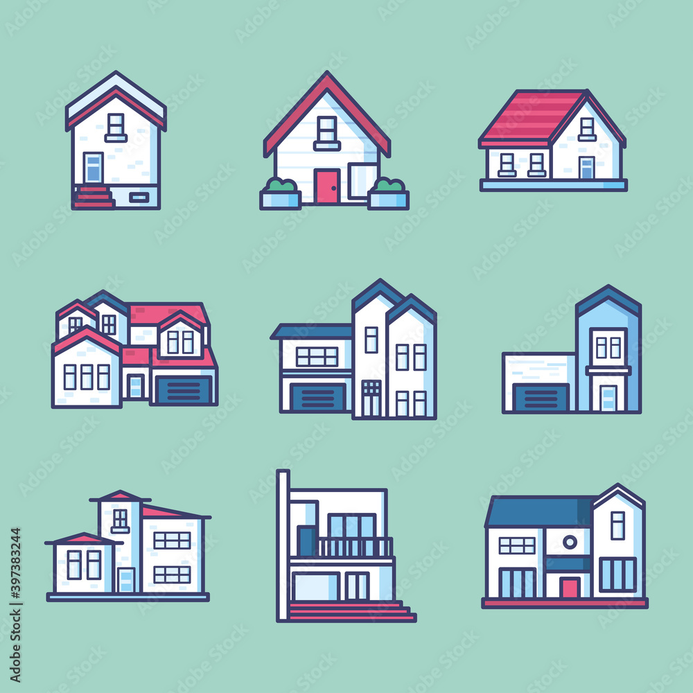 Poster house line and fill style set of icons vector design