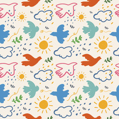 Fototapeta na wymiar Seamless pattern hand drawn Birds, cloud, sun, leaf. Background, Wallpaper, wrapping paper, textile, print. Trendy Vector illustration. Square Seamless pattern.