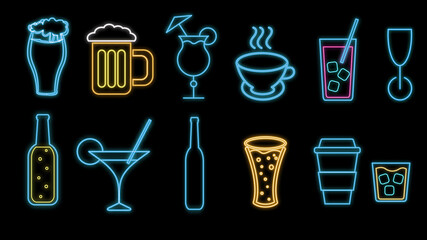 Set of multicolored abstract neon glowing shiny icons, signs of alcoholic drinks for the bar, cafe: cocktails, glasses, beer, bottles, whiskey, coffee, tea on a white background. illustration