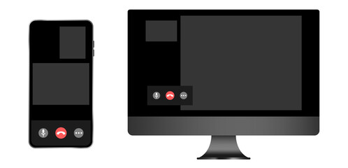 New UI Video conference on realistic computer and phone, video conference calls window overlay.