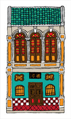 Hand drawn line's double story colonial style shop house. With color applied. Signboard's caption: the places where the owner's origin.