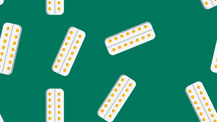 Seamless pattern texture of yellow round medical medicinal pharmaceutical pills tablets in plates packaging on green background. illustration