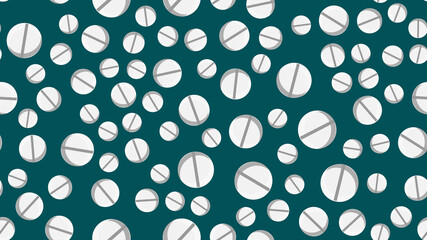 Seamless pattern texture of red round white medical pharmacetic pills with pills with medicine, drugs, vitamins on a blue background. illustration