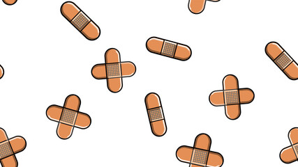 Seamless pattern texture of endless repetitive corporal medical pharmacological patches for sticking wounds and cuts against white yellow background. illustration