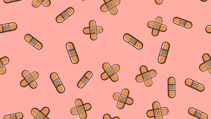Seamless pattern texture of endless repetitive bodily medical pharmaceric patches for sealing wounds and cuts on a pink background. illustration