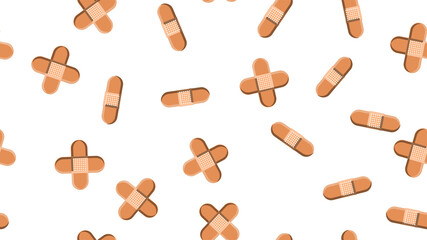 Seamless pattern texture of endless repetitive corporal medical pharmacological patches for sticking wounds and cuts against white yellow background. illustration