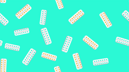 Seamless pattern texture of yellow round medical medicinal pharmaceutical pills tablets in packaging plates on blue background. illustration