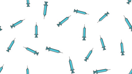 Seamless pattern texture of blue disposable sharp medical pharmacetic syringe for pricks with medicine, drugs on a white background. illustration
