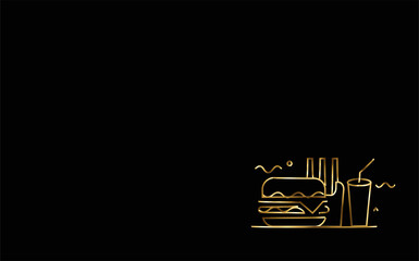 Burger with soft drink gold icon, vector banner, poster design.