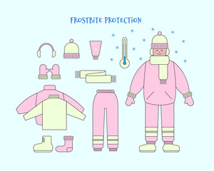 Cute girl and set of warm clothes to protect against frostbite in winter. Vector outline color illustration in flat style.