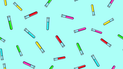 Seamless pattern texture of endless repetitive long multi-colored medical chemical glass scientific test tubes of flasks cans on blue background. illustration