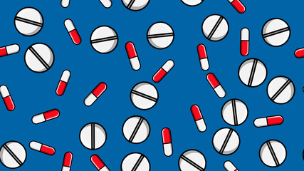 Seamless pattern texture of endless repetitive medicine tablets pills dragee capsules and medication plates with vitamins on a blue background flat lay. illustration