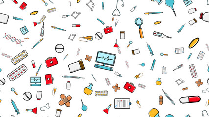 Seamless pattern texture of medicine items icons pricks pills pipettes stethoscopes tools doctor flasks capsules cans syringes on a white background flat lay top view. illustration