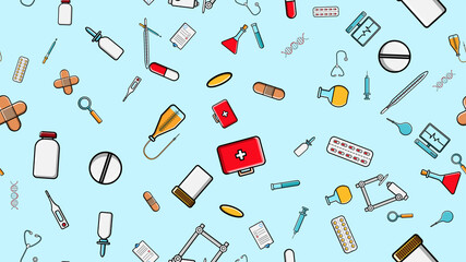 Seamless pattern texture of medicine items icons pricks pills pipettes stethoscopes tools doctor flasks capsules cans syringes on a blue background flat lay top view. illustration