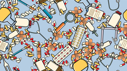 Seamless pattern texture of medicine items icons pricks pills pipettes stethoscopes tools doctor flasks capsules cans syringes on a blue background flat lay top view. illustration
