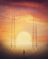 Two ladders going up to the sky. Conceptual scene, person stands in front of a decisive choice. ...